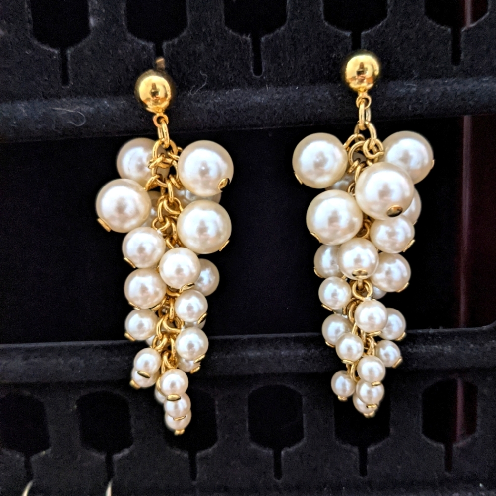Gold Cluster Pearl Stud Dangle Long Evening Earrings Classy Statement Holiday